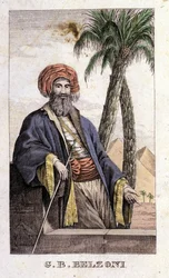 Portrait of Giovanni Battista (Gianbattista) Belzoni (1778-1823), Italian explorer and archeologist, who made important archeological discoveries in Egypt. Engraving - in “Viaggio in Egitto e in Nubia” by Belzoni, Milan