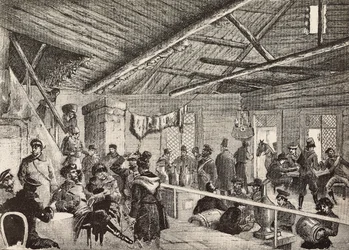 Russian soldiers in tavern near Warsaw fortifications, Poland, engraving from L