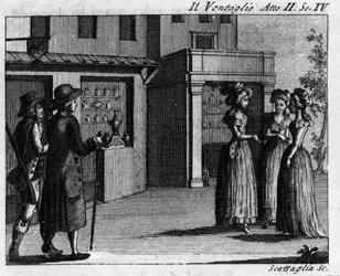Scene 4 of Act II of the comic piece “Il ventaglio” (The fan) (1764) by Carlo Goldoni (1707-1793). Engraving of the 18th century