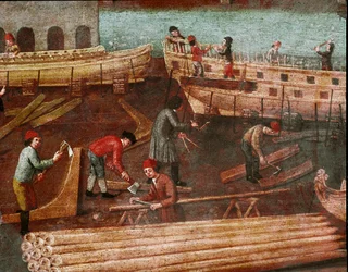 Shipyard in the arsenal of Venice (Detail, Painting of the Venetian School, 18th century)