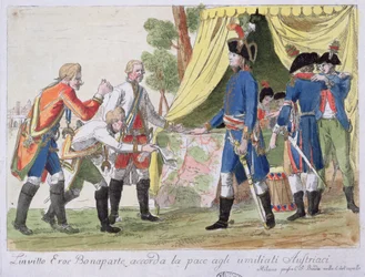 Signing of the Treaty of Campo Formio between France (represented by Bonaparte) and Austria (represented by Cobenzl) in 1797