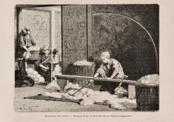 Spinning Cotton, Japan, from the Italian edition of Tour du Monde, 1869