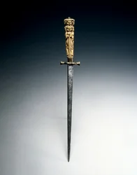 Stiletto with grip fashioned as figures of Charity, Justice, and Hope