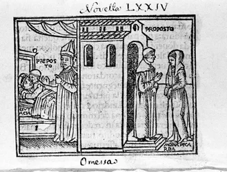 The Archpriest of Florence surprised by the bishop when he met the woman he loves. Illustration for the news 74 (New 4 of the eighth day) of the 
