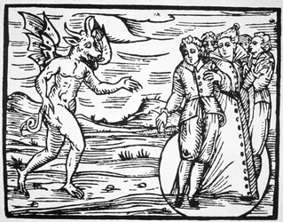 The Evocation of the Devil, copy of an illustration from Compendium Maleticarum by Fr M Guaccius, Milan 1608, used in a History of Magic, published late 19th century