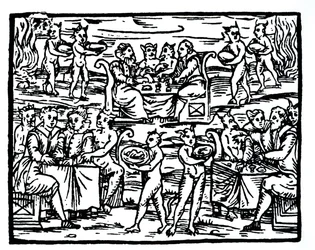 The Witches Sabbath, copy of an illustration from Compendium Maleticarum by Fr M Guaccius, used in History of Magic