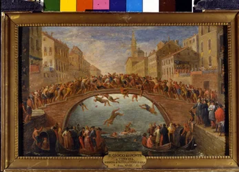 The game of the bridge in Venice. The battle of the batons on the Ponte Santa Fosca. Painting of the Venetian school. 18th century.