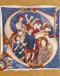 The martyrdom of St. Stephen. The stoning of the first Christian martyr in the 1st century. Illuminated letter of a manuscript from the school of Umbria. 14th century. Citta di Castello, Biblioteca Civica