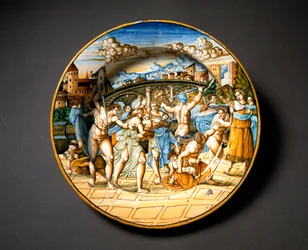 The Massacre of the Innocents. Ceramic plate from the Fontana workshop in Urbino, Italy. Around 1566. Museo Nazionale del Bargello, Florence