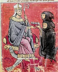 The monk Benedetto da Bari handing over his codex De Septem Sigillis to the abbot Balsamo (13th century)