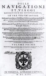 Title page to volume I of Delle Navigationi et Viaggi by Giovanni Ramusio (1485-1557) published 1613