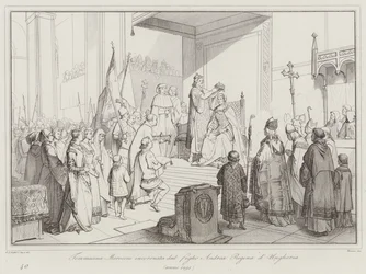 Tommasina Morosini crowned by her son Andrea as Queen of Hungary