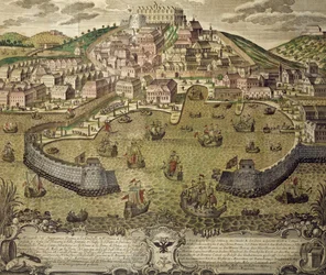 Trieste city and its free port, colored engraving, Italy