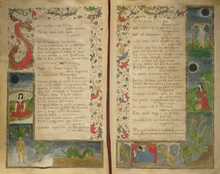 Verses and border illustrations on how to summon the devil