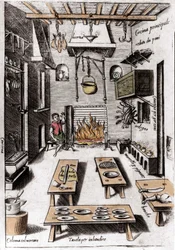 View of a kitchen. Engraving from “Opera”, book on gastronomy divided into 6 parts, by Bartolomeo Scappi, personal cook of Pope Pius V. Venice