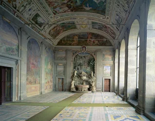 View of the Sala dErcole (Hall of Hercules) on the piano nobile, with a fountain at the far end, designed by Jacopo Vignola and frescoed in part by Federico Zuccaro