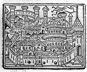 View of the city of Aosta in Italy. Engraving in 