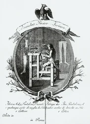 Worker at loom, Image advertising Stanislaus Bosisio Torinese, Manufacturer of socks, Pants, Gloves, and any sort of silk and cotton knitwear, Engraving, Italy