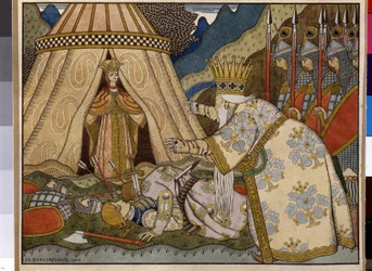Illustration for the fairytale “The Golden Cockerel” by Alexander Pushkin (1799-1837). Illustration by Ivan Yakovlevich Bilibin (Bilibine) (1876-1942).
