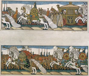 The Army of Tsar Dadon. Illustration for the tale The Golden Cockerel by Alexander Pushkin (1799-1837). Work by Ivan Yakovlevich Bilibin (Bilibine) (1876-1942)