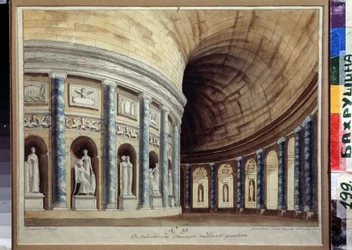 Sketch for the curtain for the Emperor Theatre in Pavlovsk. View of a corridor with columns and antique statues.
