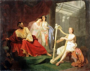 David and King Saul. Episode from the Old Testament: David plays the harp for the Hebrew king; Saul takes David into his service but develops hostility towards him that leads him to want to kill him, and so he grasps a spear with a dark look.