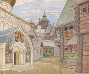 Russian Village. Stage Design for the Opera The Tale of Tsar Saltan by N. Rimsky-Korsakov