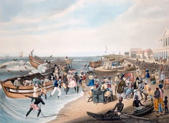 Madras Landing, engraved by C. Hunt, published by Ackermann und Co., 1856