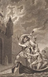 Illustration. A King with a Raised Dagger and Three People in a Boat