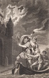 Illustration. A King with a Raised Dagger and Three People in a Boat