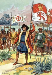 1492: Christopher Columbus arriving in America with spanish flag