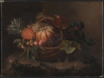 A basket of fruits on a tree stump