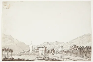 Landscape from Domodossola in Switzerland with Church and Watchtower