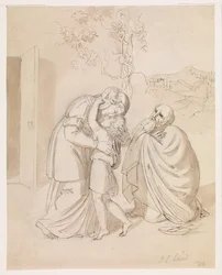 Sarah Bids Farewell to Isaac, Abraham Kneeling