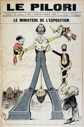The Minister of Exhibition (cartoon on financial scandals at the end of the 19th century and the Eiffel Tower). Illustration by J. Blass (Albert Douat) (1847-1892). Cover of “Le Pilori” of March 3