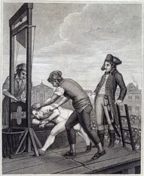 The execution of Maximilien de Robespierre (1758-1794) by guillotine on 28/07/1794 at Place de la Concorde. Engraving by James Idnarpila after J. Beys. Approximately 1799. Paris, Musée Carnavalet