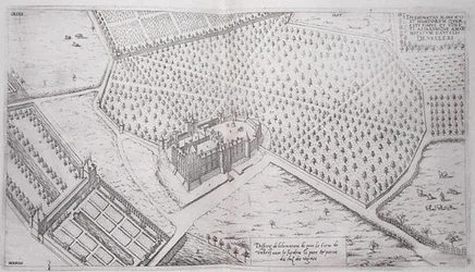 Chateau de Vallery with gardens, park and part of the vineyard, from 