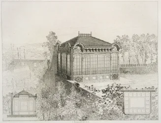 Plans and elevation of a garden pavilion
