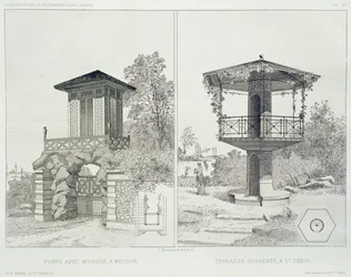 Portal with kiosk, Meudon, and covered terrace, St. Denis, from a volume of designs by various architects, pub. Morel & Cie, Paris, c.1880