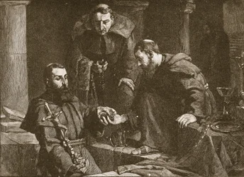 Hiding treasure at the suppression of a monastery, illustration from The Church of England: A History for the People by H. D. M. Spence-Jones, published c. 1910