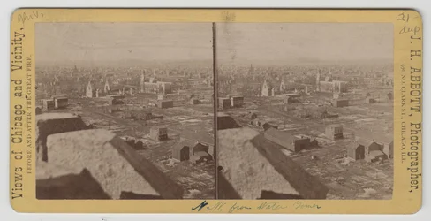 Stereograph of view northwest from Water Tower after the Chicago Fire of 1871