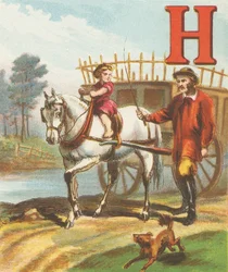 H: H is the Horse, so sleek and so strong; He draws the hay-cart to the meadow along