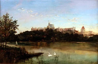Figures in a Punt and Swans on the Thames with Windsor Castle in the Background