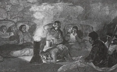 Interior of our Winter Hut at Camp Clay, during cooking, 1883 pub. London 1886