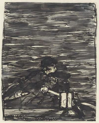 Rower in a Boat with Lantern at Night