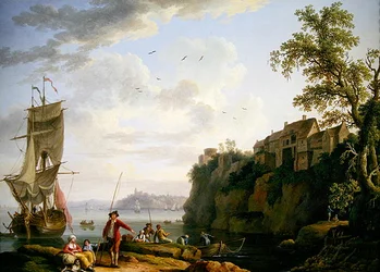 Fishermen by a Moored Vessel with a Village
