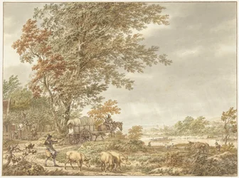 Hilly Landscape with Pig Herder and Other Figures, a River in the Distance