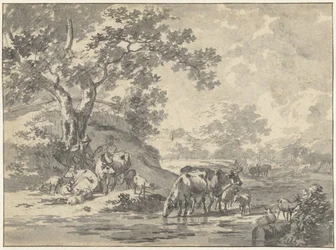 Landscape with Shepherd and Cattle under Tree by Water