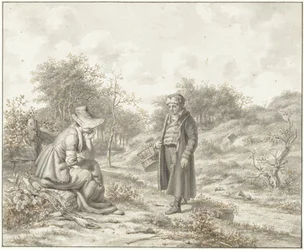 Hilly Landscape with Seated Woman and Standing Man with Basket