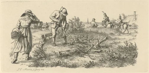 Man Digging, a Woman with a Basket and Soldiers on Horseback (series title: Study Prints)